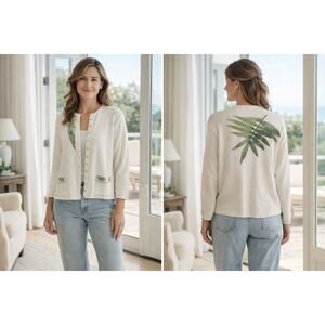 Vintage Knit Cardigan Palm Leaf Embroidered White Button Front Sweater Sz Small